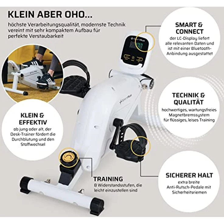 SportPlus Beintrainer für zuhause & Büro, Mini-Heimtrainer mit Magnet-Bremse & 8 Widerstands-Stufen, mit Trainingscomputer, extra breite Pedale, App kompatibel | Heimtrainer Fahrrad | Minibike – Bild 4