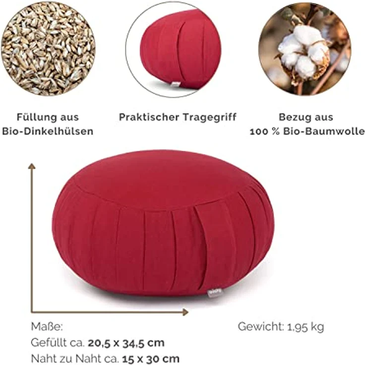Bodhi Meditationskissen Zafu ECO | Klassisches Traditionelles Yogakissen Rund mit Dehnfalten | Bezug aus 100% Bio-Baumwolle | Hohes Yoga Sitzkissen mit Bio Dinkelfüllung | Sitzhöhe 20 cm – Bild 2