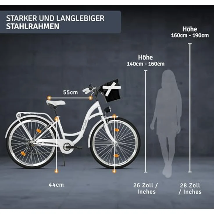 Milordbikes City-Fahrrad, Weiß, 46 cm mit Aluminiumfelgen und leicht rollenden City-Reifen – Bild 3