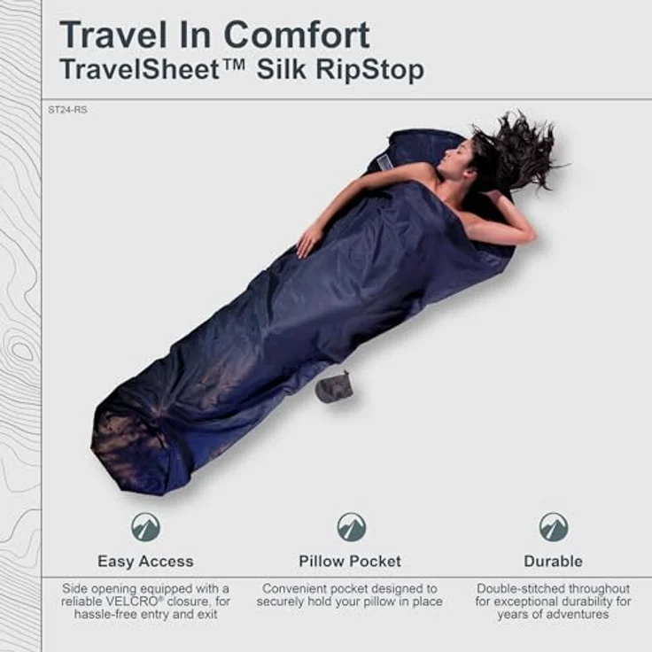 Cocoon TravelSheet, Leichter Schlafsack aus Seide, 220 cm, temperaturausgleichend, seitlicher Klettverschluss, Wärmeleistung +5,3 °C – Bild 4