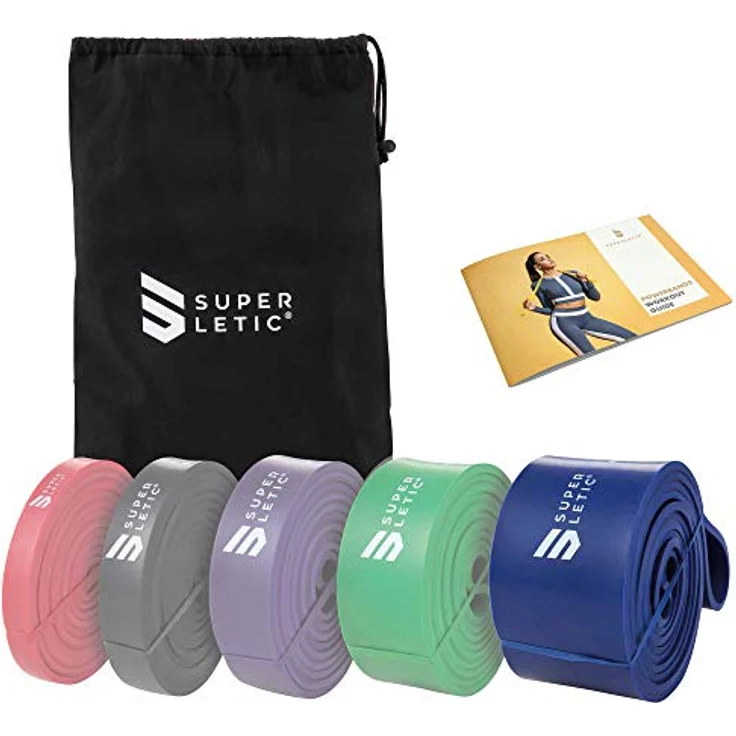 SUPERLETIC Powerband Widerstands-Fitness-Bänder, 5 Stärken für Workout, Yoga, Pilates & Crossfit, Klimmzughilfe, blau, mit kostenloser Trainingsanleitung – Bild 1
