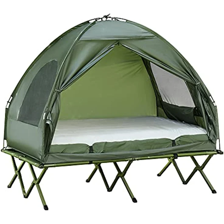 Outsunny Erhöhtes Campingbett und Zelt, Feldbett, Kuppelzelt mit Luftmatratze und Pumpe, TAFT, Grün, 193 x 136 x 178 cm – Bild 1