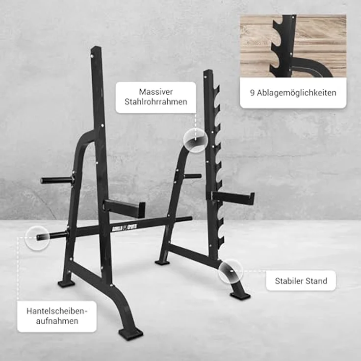 GORILLA SPORTS® Squat Rack, Kniebeugenständer mit Hantelscheibenständer, 9 Ablagen, max. 300 kg, aus Stahl, grau, 162,5 x 115 x 186 cm – Bild 2