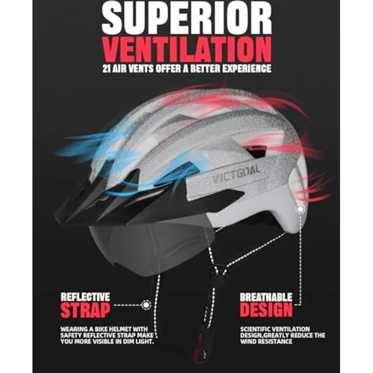 Victgoal VICTGOAL Fahrradhelm mit Visier, USB Rücklicht, abnehmbarer Magnetbrille, 310 g, verstellbare Größe M/L/XL – Bild 3