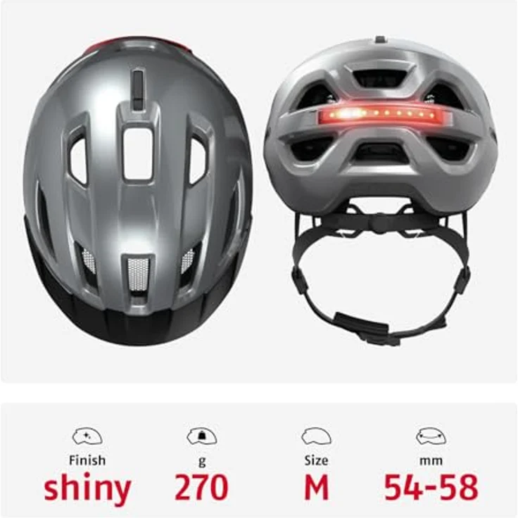 ABUS Urban-I 4.0, Fahrradhelm mit aufladbarem Rücklicht, 2 Leuchtmodi, Zopf-Öffnung, magnetischem Verschluss, Größe M, silber – Bild 4