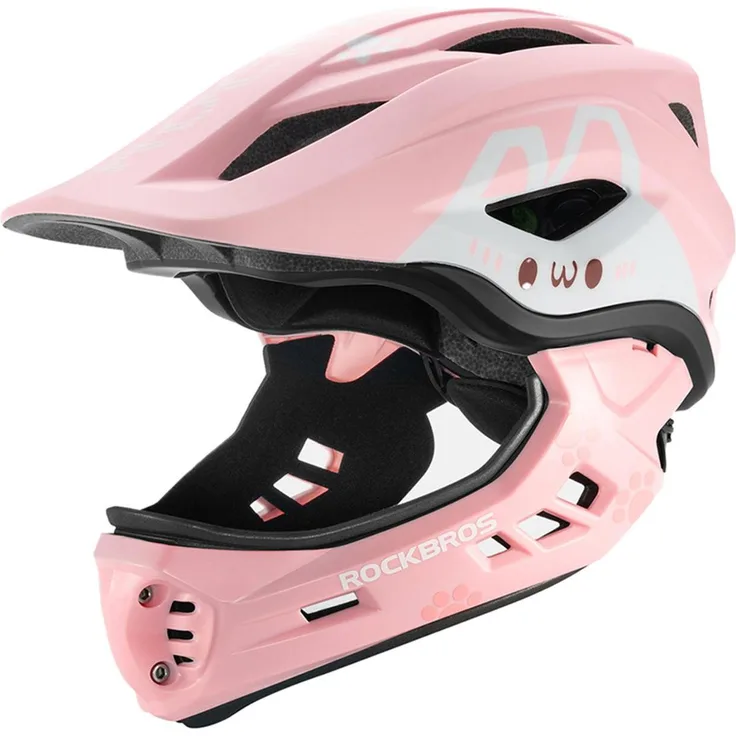 Rockbros TT-32002, Kinder Fullface Fahrradhelm Größe M, rosa, abnehmbarer Kinnschutz, belüftet, leicht