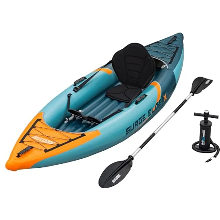 Bestway Hydro Force Kajak-Set Surge Elite X1, 312 x 94 x 30 cm, für 1 Person bis 130 kg, Wildwasser-tauglich, TriTech-Material, verstellbarer Sitz, 3 Luftkammern, inkl. Ruder, Pumpe und Rucksack