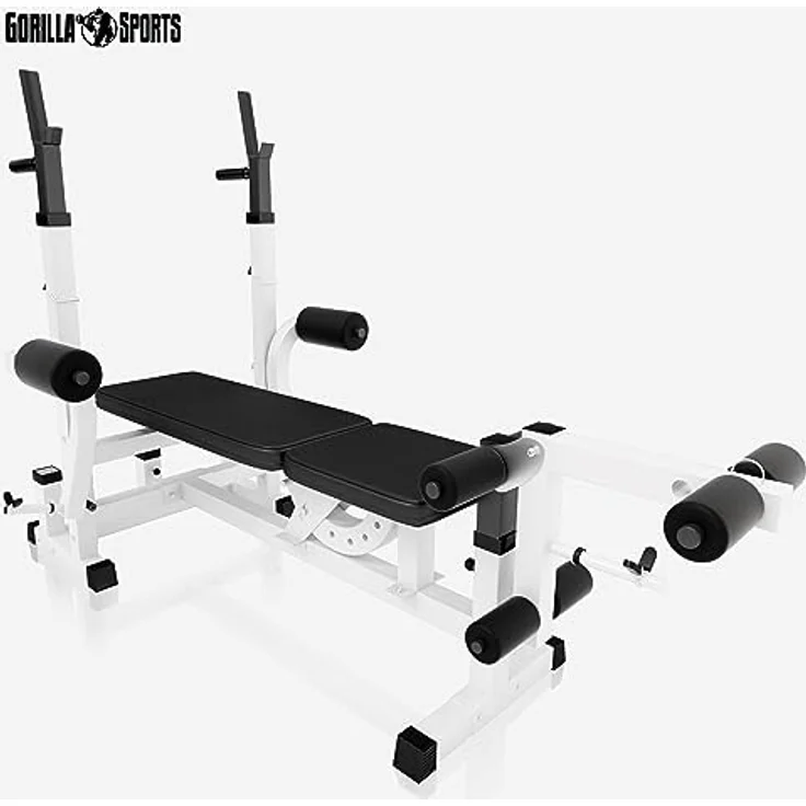 GORILLA SPORTS® Multifunktion Hantelbank - Verstellbar, mit Langhantel-Ablage, Curlpult und Butterfly, Dip-Station, Beincurler, Bankdrücken, Schwarz/Weiß - Trainingsbank, Kraftstation, Fitness Bank – Bild 2
