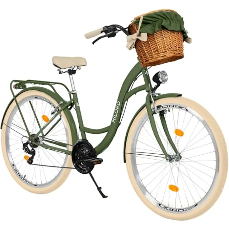 MILORD Damenfahrrad Citybike Komfort, 21-Gang Hollandrad mit Weidenkorb, 26 Zoll, Khaki-Creme – Bild 1