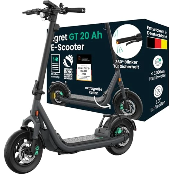 Egret GT 20 Ah, E-Scooter mit Straßenzulassung, 100 km Reichweite, 20 km/h, 13" Luftreifen, OSRAM LED, hydraulische Bremsen, NFC, Apple Find My, Traglast 150 kg – Bild 1