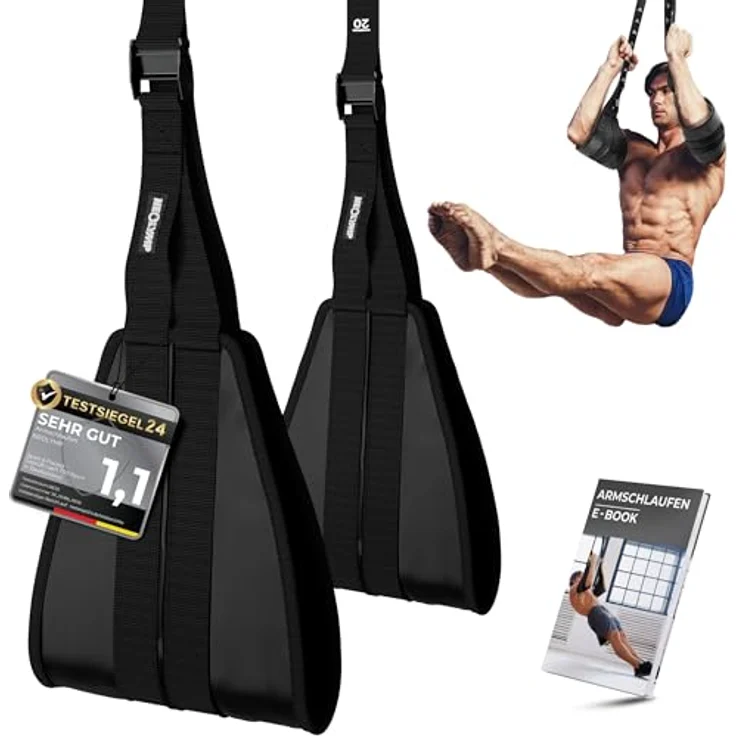 NEOLYMP Bauchtrainer Bauchmuskelschlaufen, gepolstert mit Edelstahl-Haken, höhenverstellbar bis 250 kg belastbar, inkl. 2x Armschlaufen und Nylon-Tragetasche – Bild 1