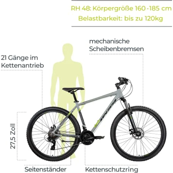 Zündapp FX27 Mountainbike 650B, Hardtail 27,5 Zoll, 21-Gang, Rahmenhöhe 48 cm, grau grün – Bild 2