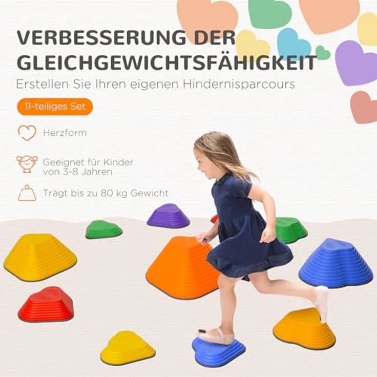 AIYAPLAY Flusssteine, 11-tlg. Stapelbare Balanciersteine in Herzform, rutschfest, bis 80 kg belastbar, für Kinder von 3-8 Jahren, bunt – Bild 3