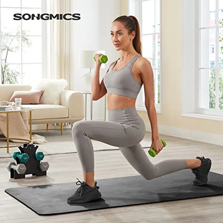 SONGMICS Kurzhantel Set, Hexagon, mit Hantelständer, 2 x 1 kg, 2 x 2 kg, 2 x 3 kg, mattes Finish, Neopren-Beschichtung, Krafttraining, zu Hause, limettengrün, aquamarin und hellgrau SYL612GN – Bild 2