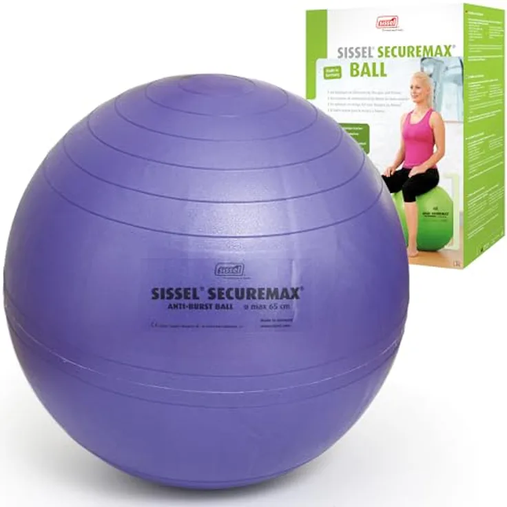 Sissel® SECUREMAX® Gymnastikball blau-lila | Maße 75 cm | Belastung bis 500 kg | 100% PVC & recyclebar | Für Fitness & Therapie | SECUREMAX-Sicherheitssystem | Inkl. Übungsposter & Stöpselheber