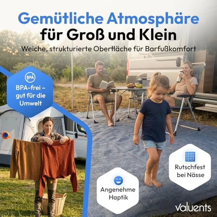 valuents Vorzeltteppich, 300x600cm, blau/grau, robustes Material mit Tragetasche, Wäscheleine & 8 T-Heringen – Bild 5