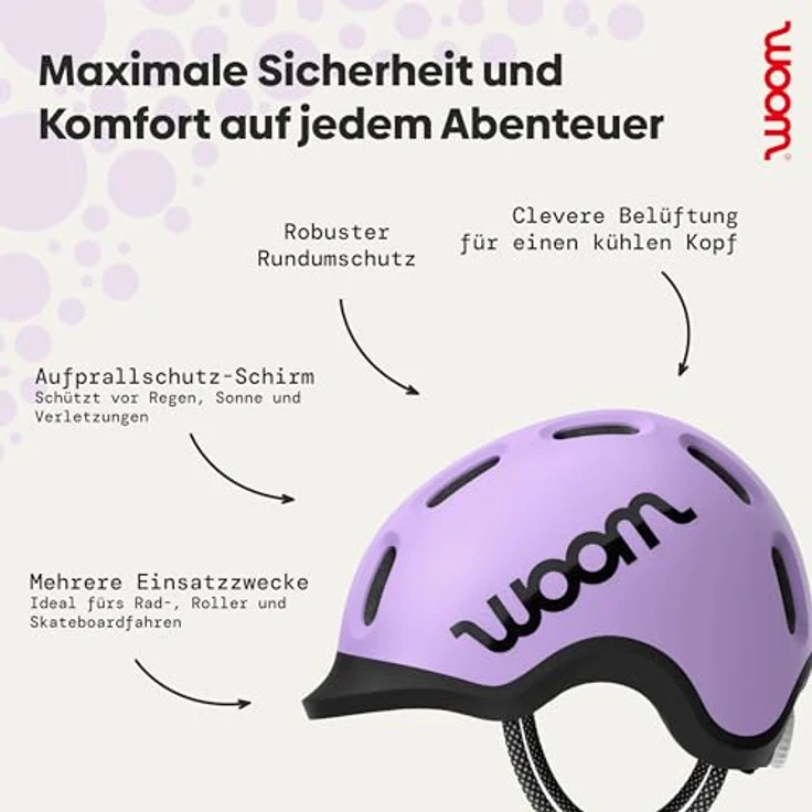 woom Ready Kids' Helmet, Verstellbarer, pinch-freier Kinderhelm mit reflektierenden Details für Fahrradfahren, Scooten & Rollerskaten, Lilac, Medium – Bild 3