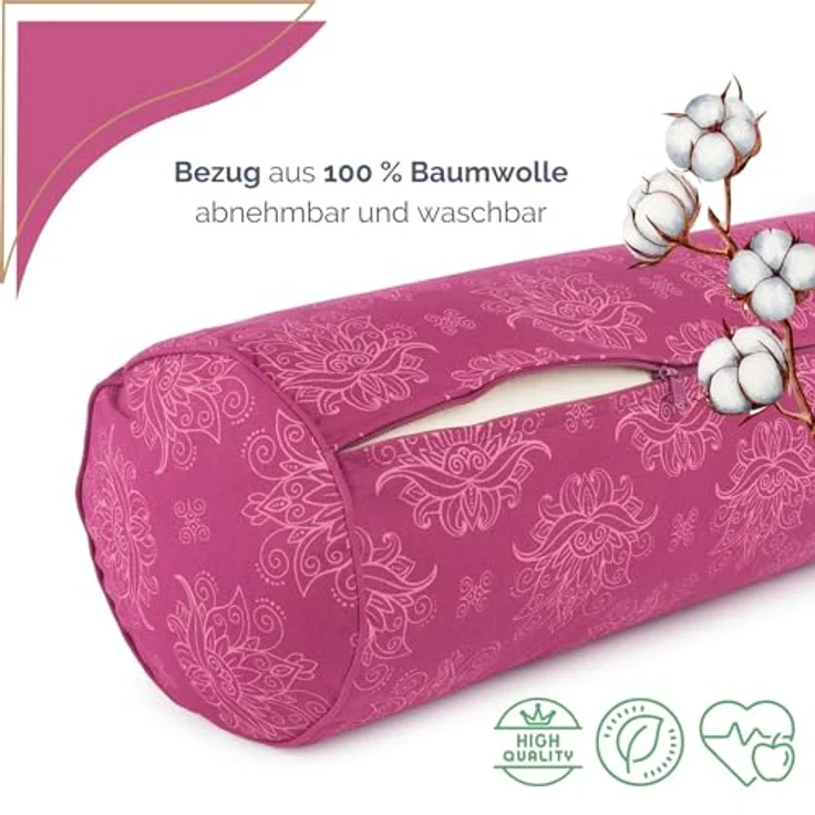 Bodhi Yoga Bolster Ø 23 cm | Maharaja Collection | Abnehmbarer & Waschbarer Bezug aus 100% Baumwolle | Yogarolle mit Bio-Dinkelfüllung | Yogakissen für Restorative & Yin Yoga (Lotus/Berry) – Bild 4