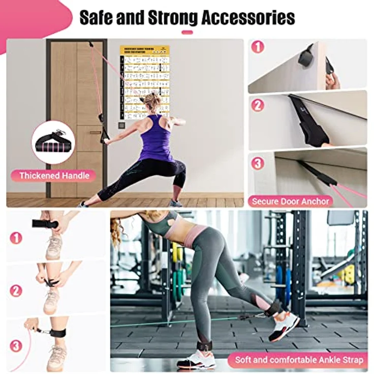 COFOF Resistance Bands Set, 5 Fitnessbänder mit Türanker, großem Griff und Knöchelriemen, ideal für Pilates und Krafttraining, tragbare Fitnessbänder in verschiedenen Widerstandsstufen – Bild 4