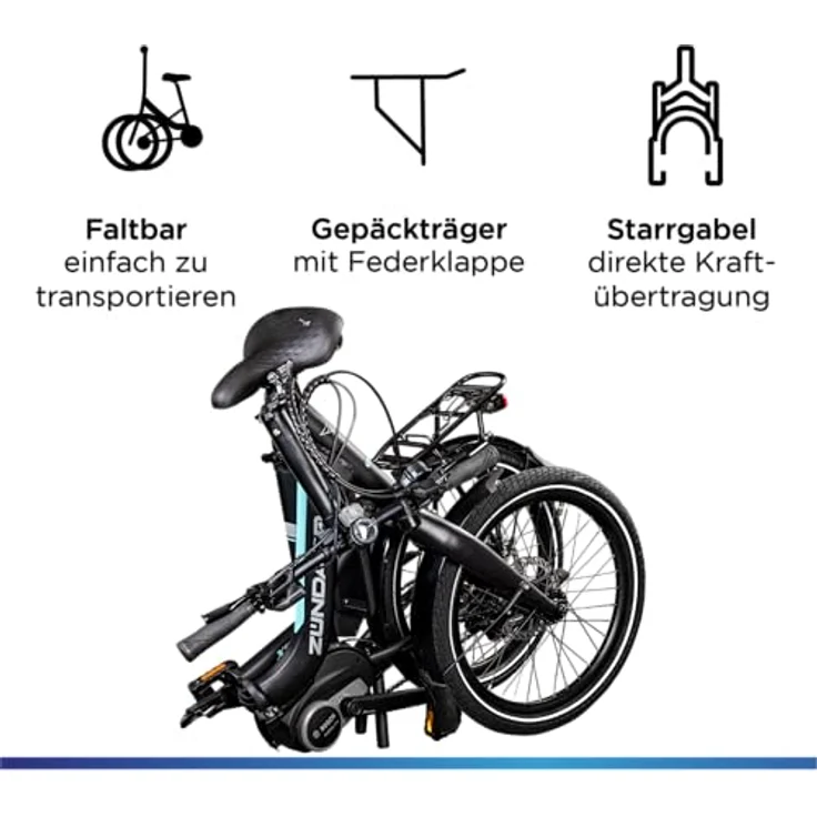 ZÜNDAPP X100 E Bike 20 Zoll Klapprad für Damen und Herren 150-190 cm Bosch Ebike Mittelmotor mit 9 Gang Nabenschaltung Elektro Fahrrad 400 Wh Akku Faltrad (45 cm, schwarz/türkis) - Preisvergleich – Bild 4
