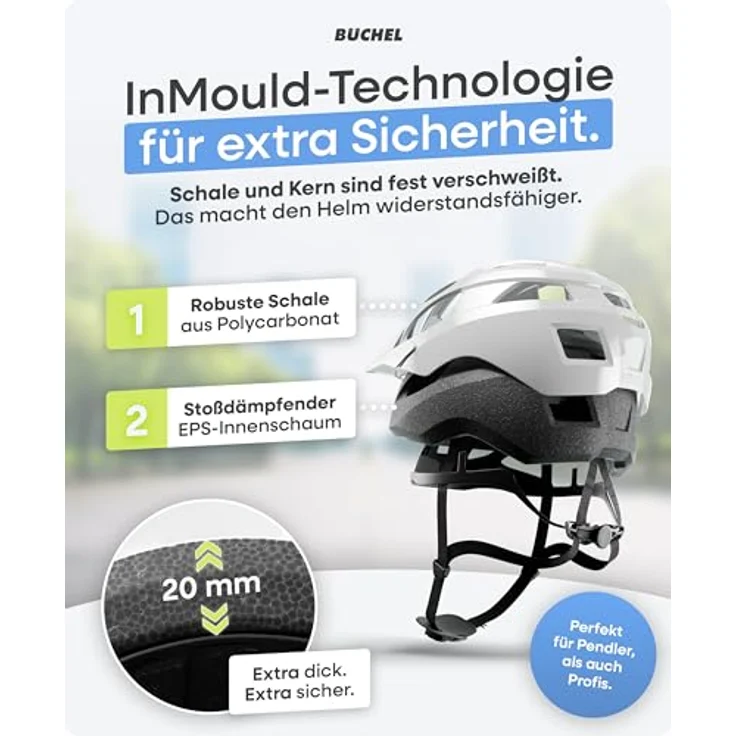 Büchel Fahrradhelm In-Mould-Technologie, Cam Lock, Kinnpolsterung & Fliegennetz – Größe L 58-61 cm, Weiß Matt – Bild 5