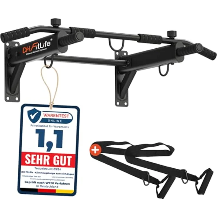 DH FitLife 4in1 Klimmzugstange Wand zur Wandmontage, Multifunktionale Pull-Up Bar für Zuhause bis 200kg | 6 rutschfeste Griffe | 3 Öse für Boxsack & Schlingentrainer | Sicher & Stabil, Schwarz – Bild 1