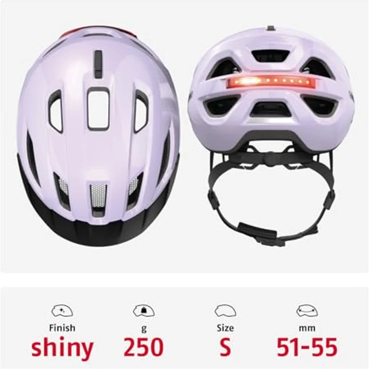 ABUS Stadthelm Urban-I 4.0, Fahrradhelm mit aufladbarem Rücklicht, 2 Leuchtmodi, Schirm, Zopf-Öffnung, magnetischem Verschluss, Größe S, lila – Bild 3