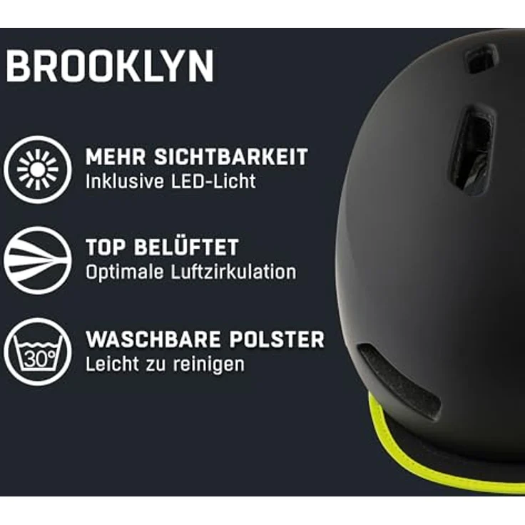 ALPINA BROOKLYN - Beleuchteter, Robuster und Komfortabler Urban Fahrradhelm Mit LED-Licht Für Erwachsene, black-neon yellow matt, 57-62 cm – Bild 3