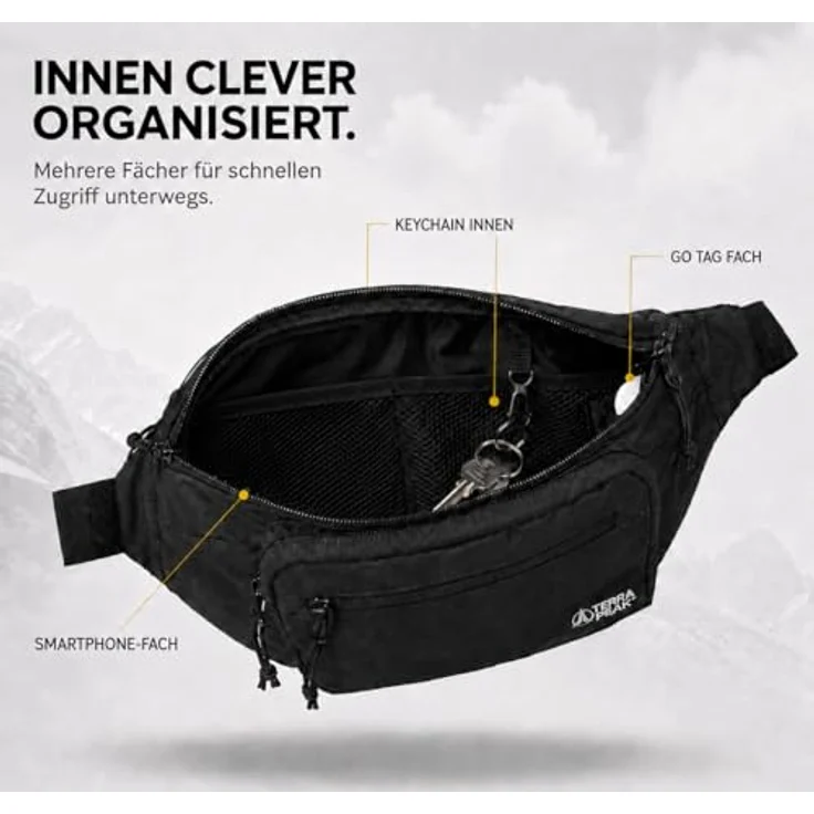 Terra Peak® Bauchtasche 1,5L mit Geo-Tag-Fach - Hüfttasche schwarz für Damen und Herren, gepolstert, 5 Fächer, wasserabweisend, ideal für Sport, Wandern und Reisen – Bild 5