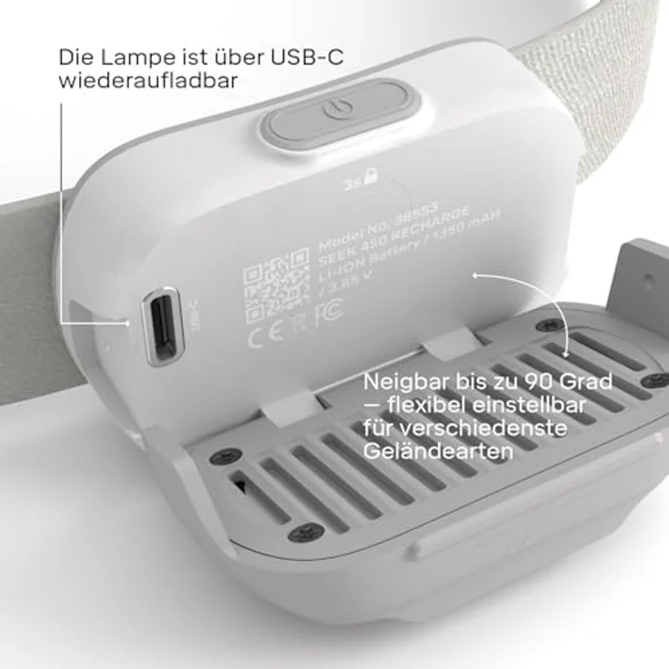 Silva Seek 450, LED Stirnlampe wiederaufladbar mit 450 Lumen, 3 Helligkeitsstufen, rot und weiß, IPX5 wasserfest, für Outdoor und Laufen – Bild 2
