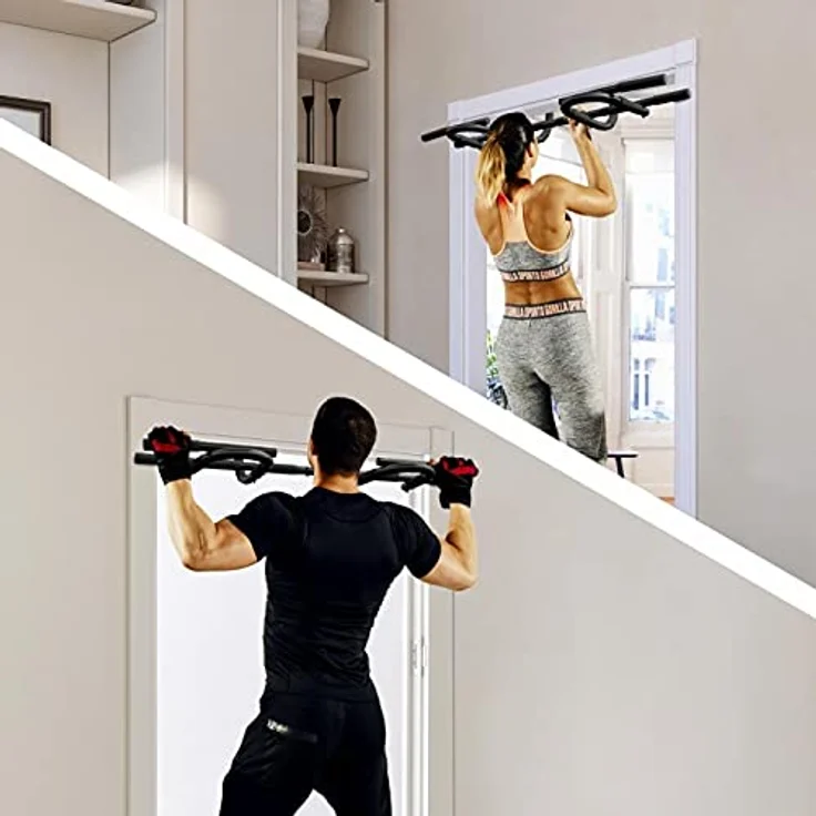 GORILLA SPORTS® Klimmzugstange - für Türrahmen, 10 rutschfeste Griffe, Multifunktion, inkl. Montagezubehör, bis 200kg Belastbar, Stahl, Schwarz - Pull Up Bar, Türreck, Reckstange, Pull-Up Bar – Bild 3