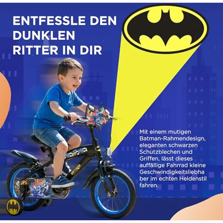 Batman Volare 14-Zoll-Kinderfahrrad, robust mit abnehmbaren Stützrädern und verstellbarem Sattel – Bild 2
