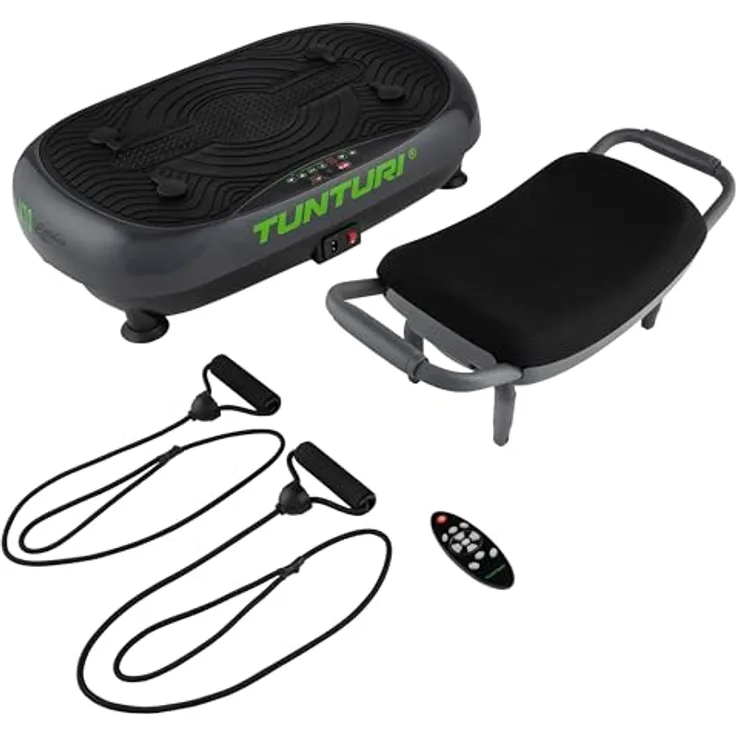 Tunturi Vibrationsplatte Cardio Fit V10 mit Schwingungen, 3 Programme, 30 Geschwindigkeiten, Hocker, Fernbedienung und Trainingsbänder