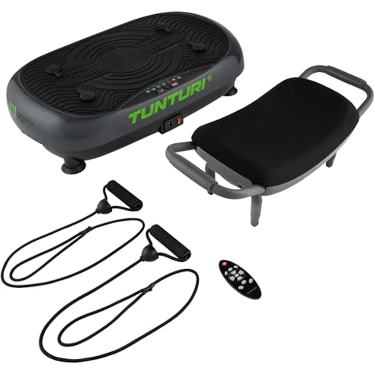 Tunturi Vibrationsplatte Cardio Fit V10 mit Schwingungen, 3 Programme, 30 Geschwindigkeiten, Hocker, Fernbedienung und Trainingsbänder – Bild 1