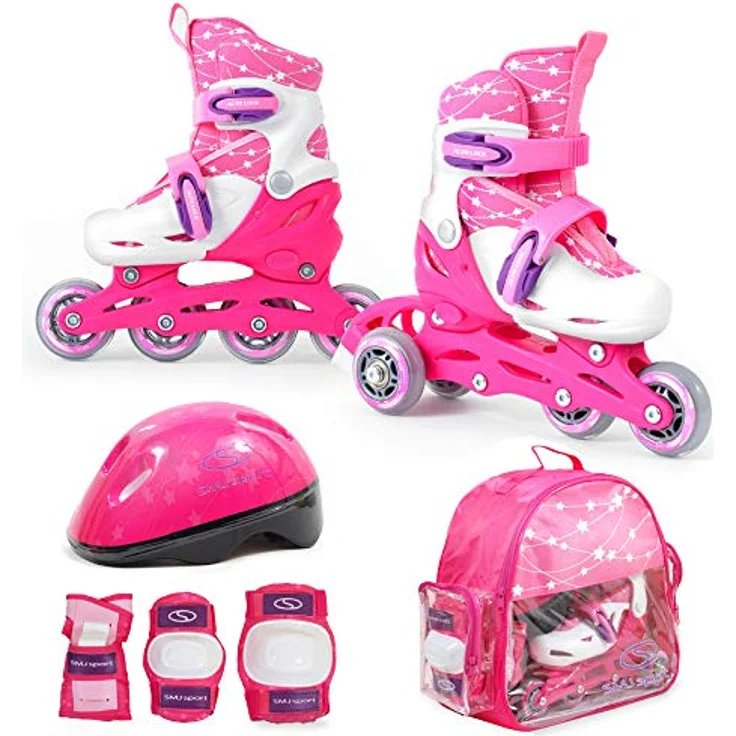 SMJ 2in1 Inliner Rollschuhe für Mädchen, verstellbar mit Schutzausrüstung und Helm, rosa, Gr. 26-29 – Bild 1