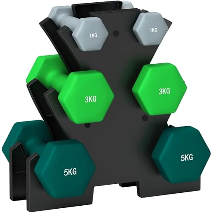 SPORTNOW Hanteln 6er-Set, 1kg, 3kg, 5kg mit Hantelständer, Kurzhanteln aus Metall, platzsparendes Design für Zuhause und Fitness