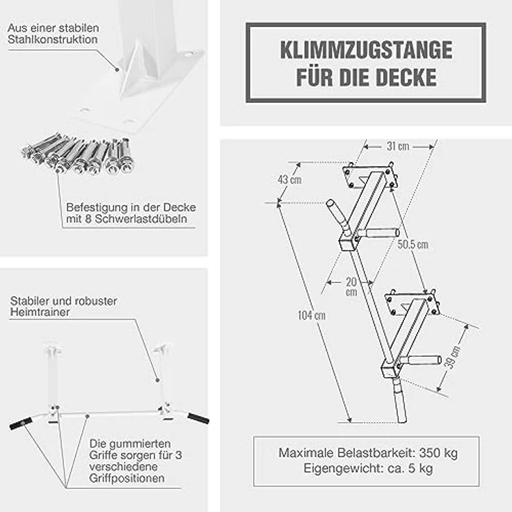 GORILLA SPORTS® Klimmzugstange - Deckenmontage, inkl. Montagematerial, bis 350 kg Belastbar, rutschfeste Griffe, Stabil, aus Stahl, Schwarz/Weiß - Pull Up Bar, Klimmzugstange Decke, Reckstange – Bild 2