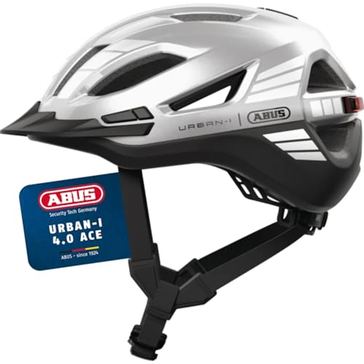 ABUS Urban-I 4.0 ACE, Fahrradhelm mit aufladbarem Rücklicht, 4 Leuchtmodi, Schirm, Zopf-Öffnung, magnetischem Verschluss, Größe M, silber – Bild 1