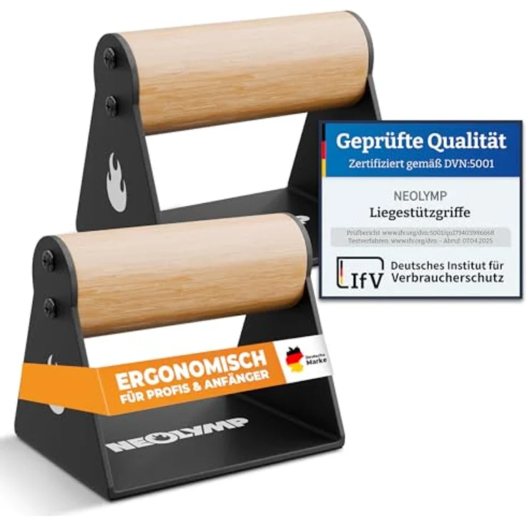 NEOLYMP 2er Set Holz Liegestützgriffe, handgefertigte Parallettes mit Stahlstandfüßen und Anti-Rutsch-Pads, handgelenkschonend für Calisthenics und Home Workout – Bild 1