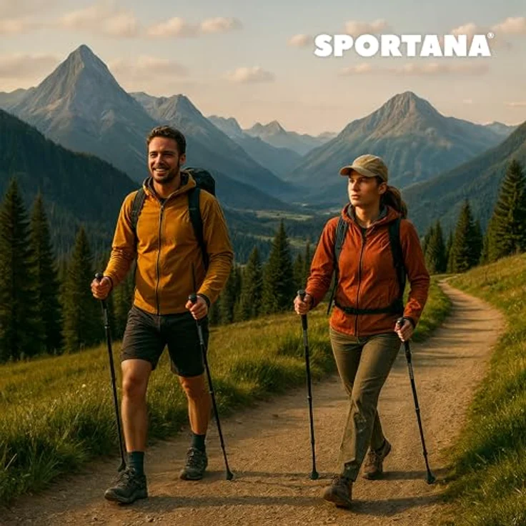 SPORTANA® Wanderstöcke Teleskop, 68-135cm verstellbar mit Anti-Shock-Federung, leicht Aluminium-Kork, Gummipuffer für Herren und Damen, Farben: Rot, Orange, Grau – Bild 5