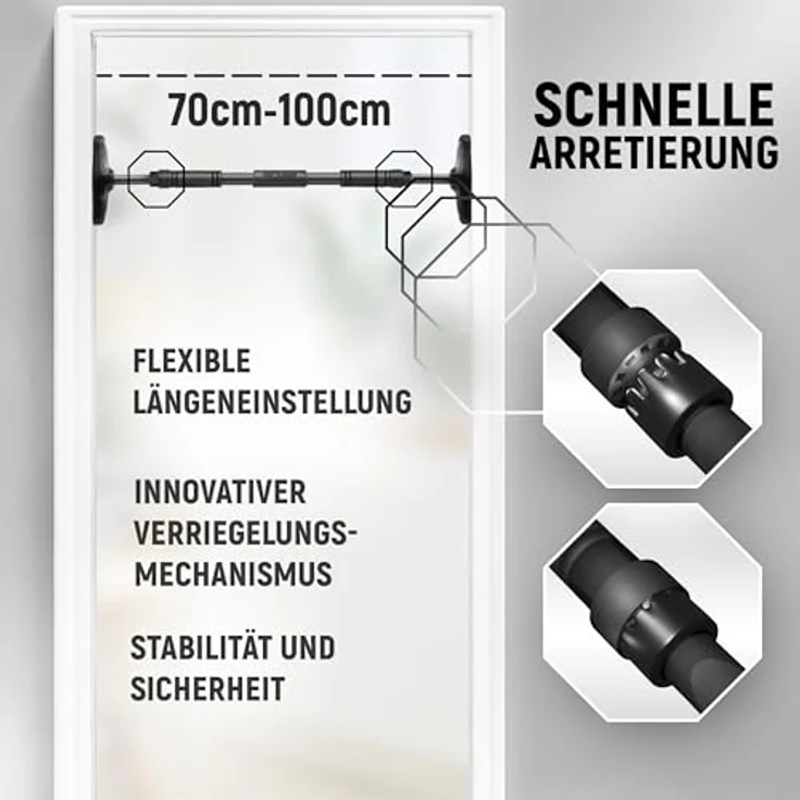 NEOLYMP Klimmzugstange Türrahmen ohne Schrauben mit Pull up Bar E-Book - Klimmzug Stange verstellbar 70-100 cm mit Gewindesperre für sicheren Halt bis zu 200kg (Schwarz) – Bild 4