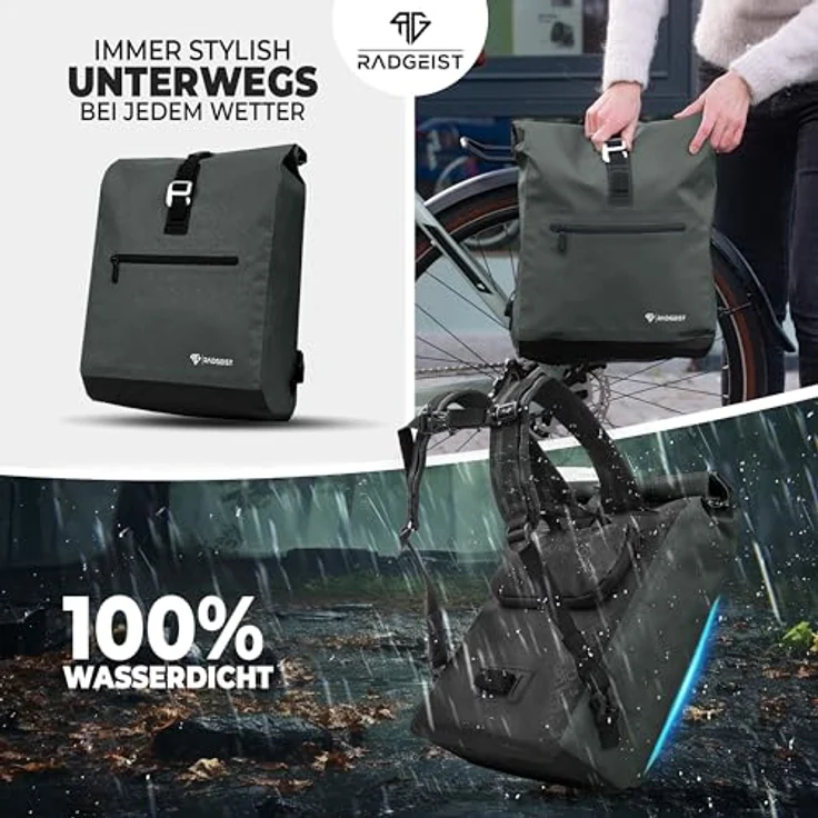 RADGEIST Fahrradtasche für Gepäckträger, 20L Umhängetasche & Rucksack in Anthrazit, wasserdichtes Frontfach, Laptopfach, reflektierende Elemente – Bild 3