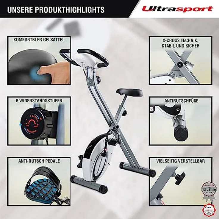 Ultrasport F-Bike, F-Rider Basics, Fahrradtrainer, Fitnessfahrrad LCD Trainingscomputer, Klappbarer Hometrainer, Max. Benutzergwicht 110 kg, Pulsmessung, 8 Widerstandsstufen, Trimmrad, Weiß/Silber – Bild 5