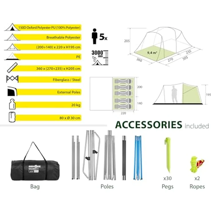 Brunner Tunnelzelt, 5-Personen Familienzelt mit 18 kg Gewicht und eingenähter Bodenwanne aus robustem PE-Material – Bild 4