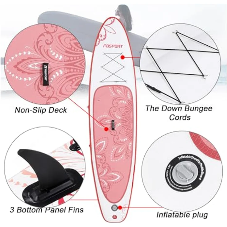 FBSPORT Aufblasbares SUP Board, 15CM dickes Stand Up Paddling Board mit verstellbarem Aluminium Paddel und Pumpe, Pink-Weiß – Bild 4