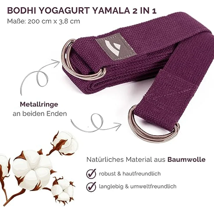 Bodhi Yogagurt Yamala 2 in 1, Baumwolle, 2m lang mit Metallverschluss, waschbarer Tragegurt für dicke Yogamatten, lila – Bild 2