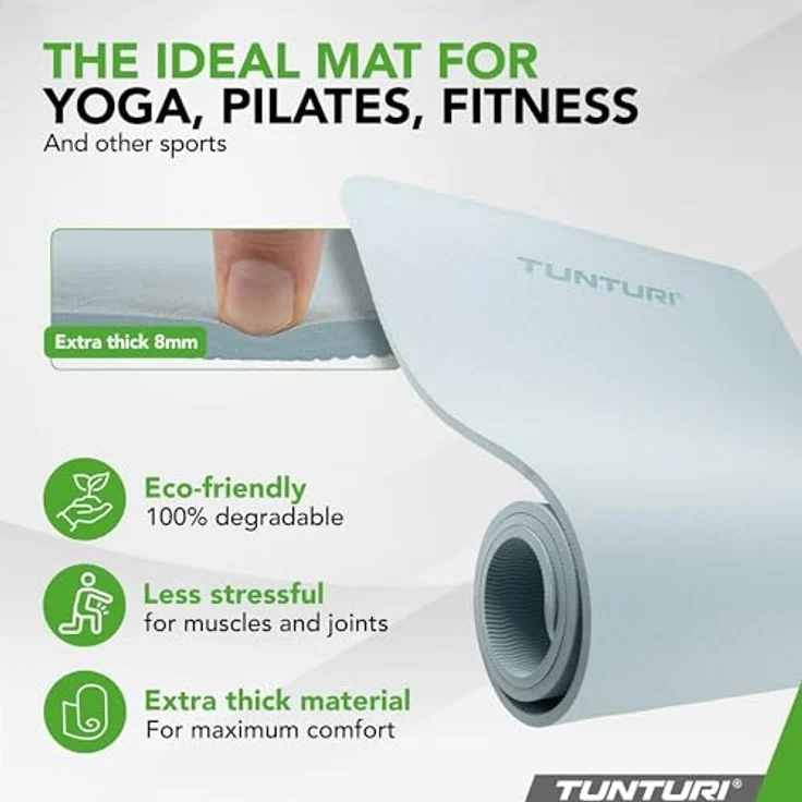 Tunturi Dicke Yogamatte 8mm - Rutschfest Gymnastikmatte - Mit Tragegurt - Für Yoga und Pilates - Sportmatte 183x61x0,8cm -Schadstofffrij - Besonders komfortabel - Hellblau – Bild 2