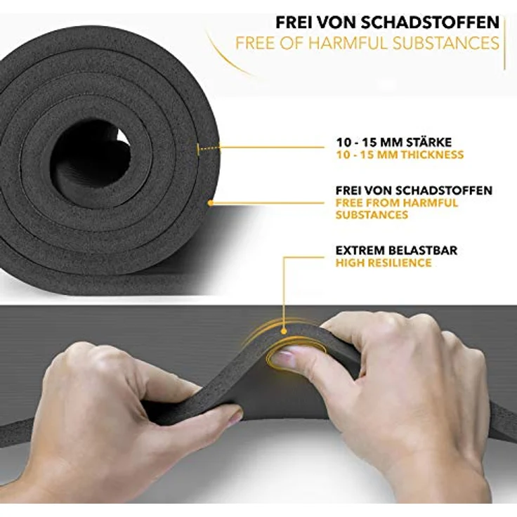 TRESKO Yogamatte Phthalatfrei, rutschfest und gelenkschonend mit Tragegurt, 185 x 60 x 1,5 cm, schwarz – Bild 3