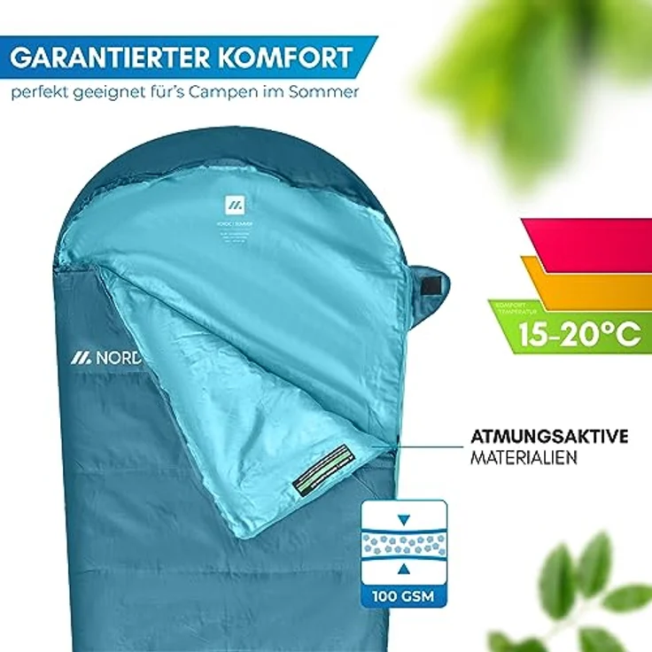 NORDMUT® Schlafsack Ultraleicht, Mumienschlafsack 100 GSM Sommer und 300 GSM 4-Jahreszeiten, wasserfest, 900g, mit Kompressionsbeutel, Graublau – Bild 3