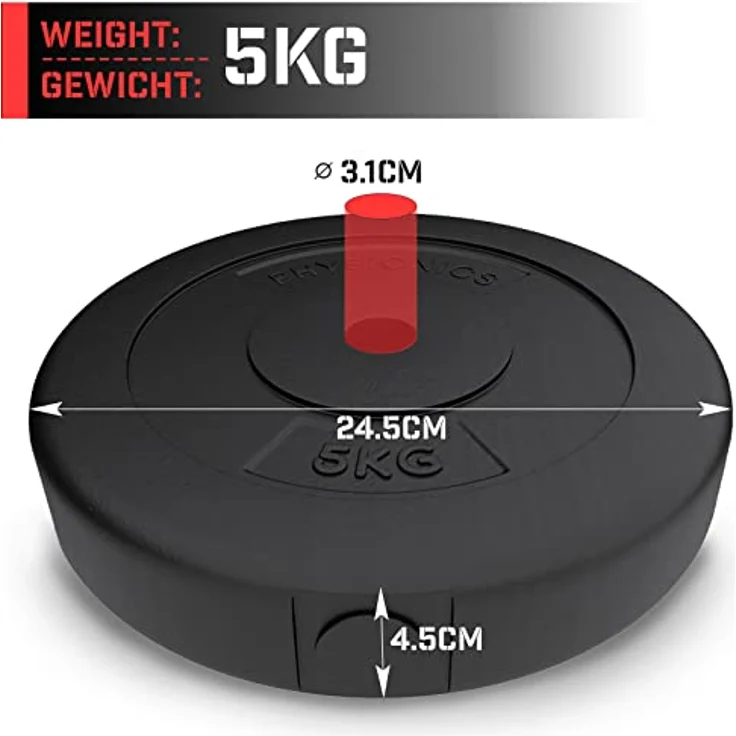 Physionics® Hantelscheiben - 2er Set (2.5/5/10/15 kg), Ø 30 mm, Kunststoff, Schwarz - Gewichtsscheiben Set Gewichte für Hantel/Langhatel/Kurzhantel (2 x 5 kg) – Bild 3